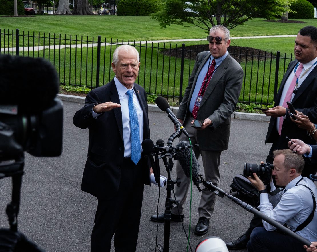 Peter Navarro speaks to reporters in Washington, D.C., on April 30, 2025.
