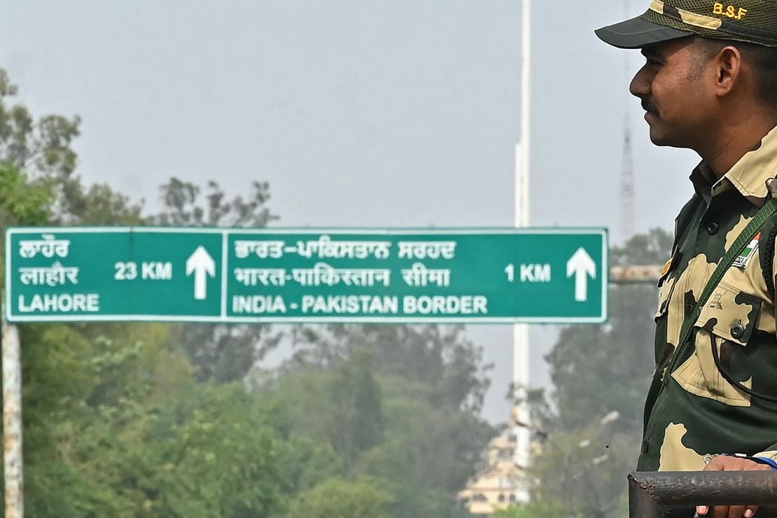 An Indian Border Security Force (BSF) soldier stands guard near the India-Pakistan Wagah border post, about 35 kilometers from Amritsar, on May 1, 2025.