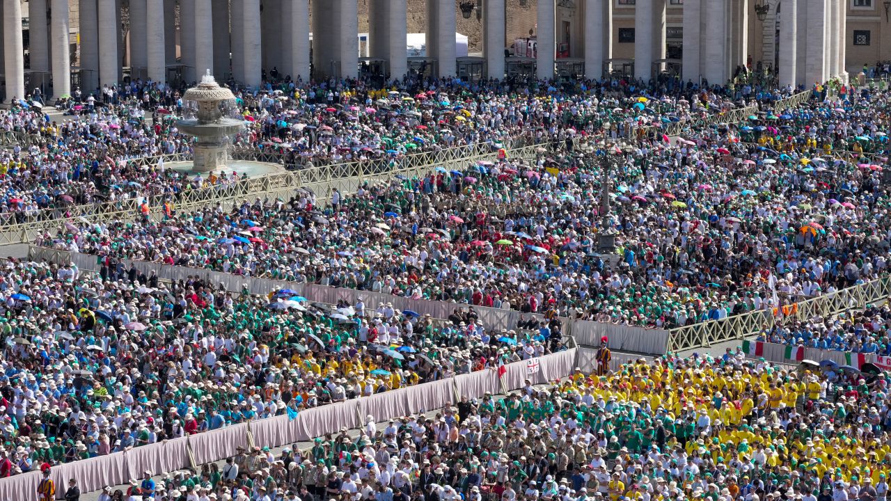 VATICAN CITY, VATICAN - APRIL 27: Youth groups and people attend the Holy Mass on Divine Mercy in St Peter's Square, on the second day of mourning for Pope Francis on April 27, 2025 in Rome, Italy. Funeral rites for the late Pope Francis are held for nine days after his burial as he is mourned and celebrated by the faithful. The congregation was made up of tens of thousands of youths taking part in the Catholic jubilee year. During this time, the Vatican prepares for the process to elect a new Pope, known as the Conclave, which must begin within 15 to 20 days of the Pope's death. (Photo by Christopher Furlong/Getty Images)