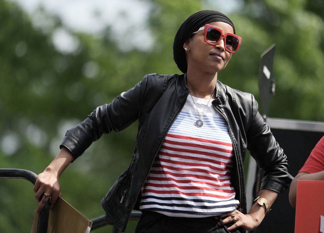 US Representative Ilhan Omar (D-MN) waits to speak to protesters near the White House in Washington, DC on May 1, 2025.