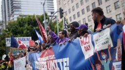 LOS ANGELES, CALIFORNIA - MAY 1: People march during a May Day demonstration on May 1, 2025 in Los Angeles, California. Thousands of people across Southern California rallied against the current Trump istration and its policies on immigration, labor and many others. The demonstration was one of more than a thousand scheduled to take place around the country today.  (Photo by Eric Thayer/Getty Images)