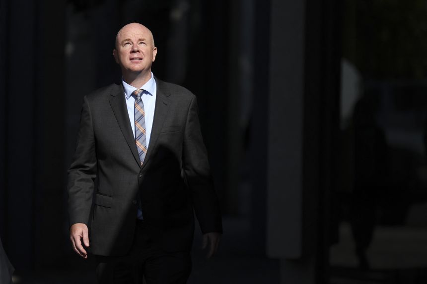 Simon Patterson left the courtroom of Magistrate Latrobe Valley, where Erin Patterson attended trial in Morwell on May 2, 2025.