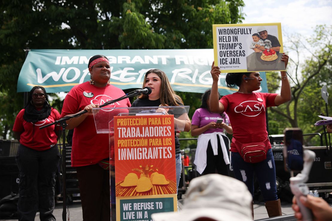 Jennifer Vasquez Sura, the wife of Kilmar Abrego Garcia, speaks at a rally demanding the release of her husband, at Lafayette Park near the White House in Washington, D.C. on May 1, 2025.