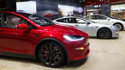  New Tesla vehicles are displayed at a showroom on May 1, 2025 in San Diego, California.