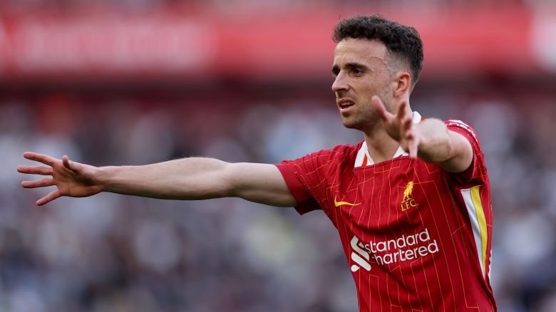LIVERPOOL, ENGLAND - APRIL 27:  Diogo Jota of Liverpool during the Premier League match between Liverpool FC and Tottenham Hotspur FC at Anfield on April 27, 2025 in Liverpool, England. (Photo by Carl Recine/Getty Images)