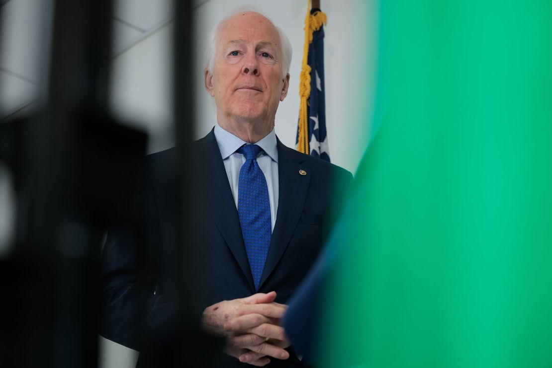WASHINGTON, DC - APRIL 28: U.S. Sen. John Cornyn (R-TX) speaks to press after meeting with the Drug Enforcement Administration (DEA) nominee Terry Cole outside of his office at the Hart Senate Office Building on April 28, 2025 in Washington, DC. Cole is currently Virginia’s Secretary of Public Safety and Homeland Security and has worked at the DEA for the past 22 years. (Photo by Kayla Bartkowski/Getty Images)
