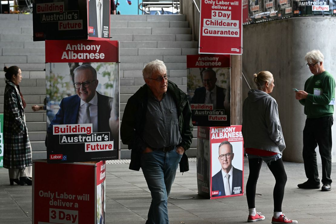 Posters of Australia's Prime Minister Anthony Albanese outside a polling center in Sydney on Saturday, May 3.