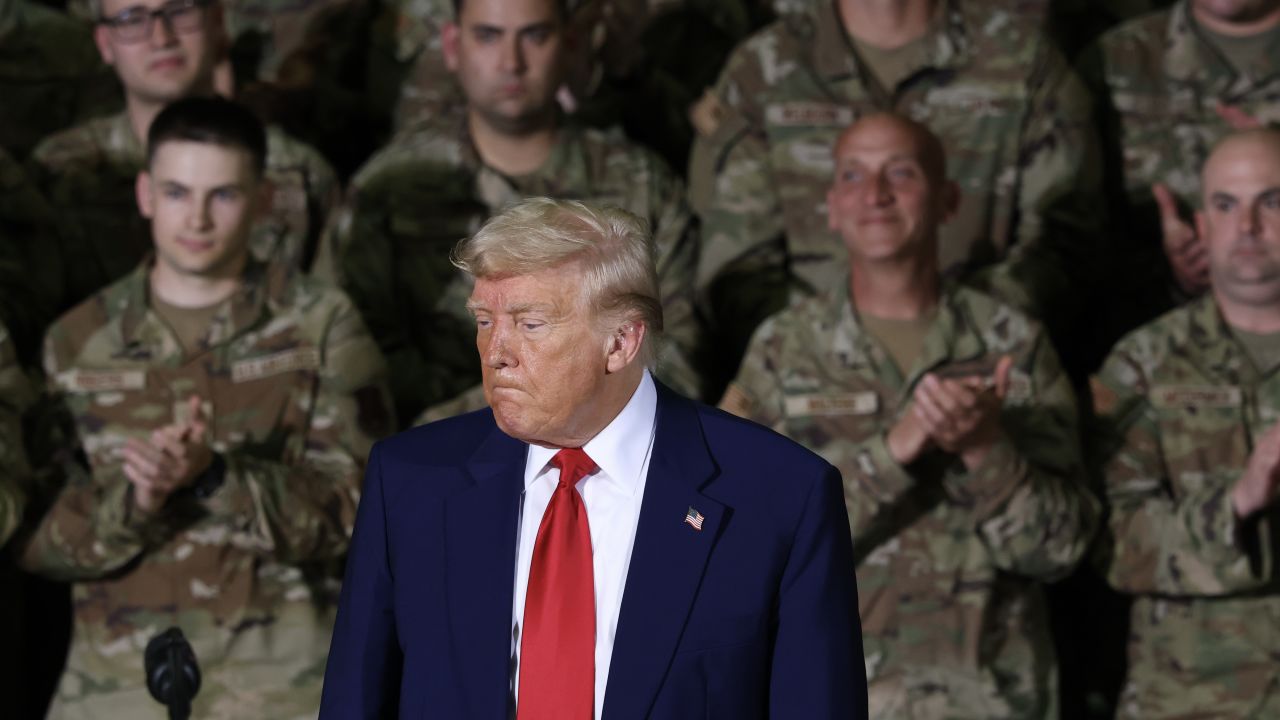 SELFRIDGE ANGB, MICHIGAN - APRIL 29: U.S. President Donald Trump during a visit with Michigan Air National Guard troops on April 29, 2025 at Selfridge Air National Guard Base, Michigan. Trump will travel to Macomb Community College in Warren, Michigan to hold a rally where he is expected to highlight his accomplishments during his first 100 days in office, including closing the border, job creation and the economy. (Photo by Scott Olson/Getty Images)