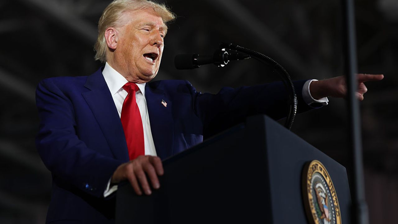 WARREN, MICHIGAN - APRIL 29: President Donald Trump speaks during a rally at Macomb Community College on April 29, 2025 at Warren, Michigan. Trump held the rally to highlight his accomplishments during his first 100 days in office, including closing the border, job creation and the economy. (Photo by Scott Olson/Getty Images)