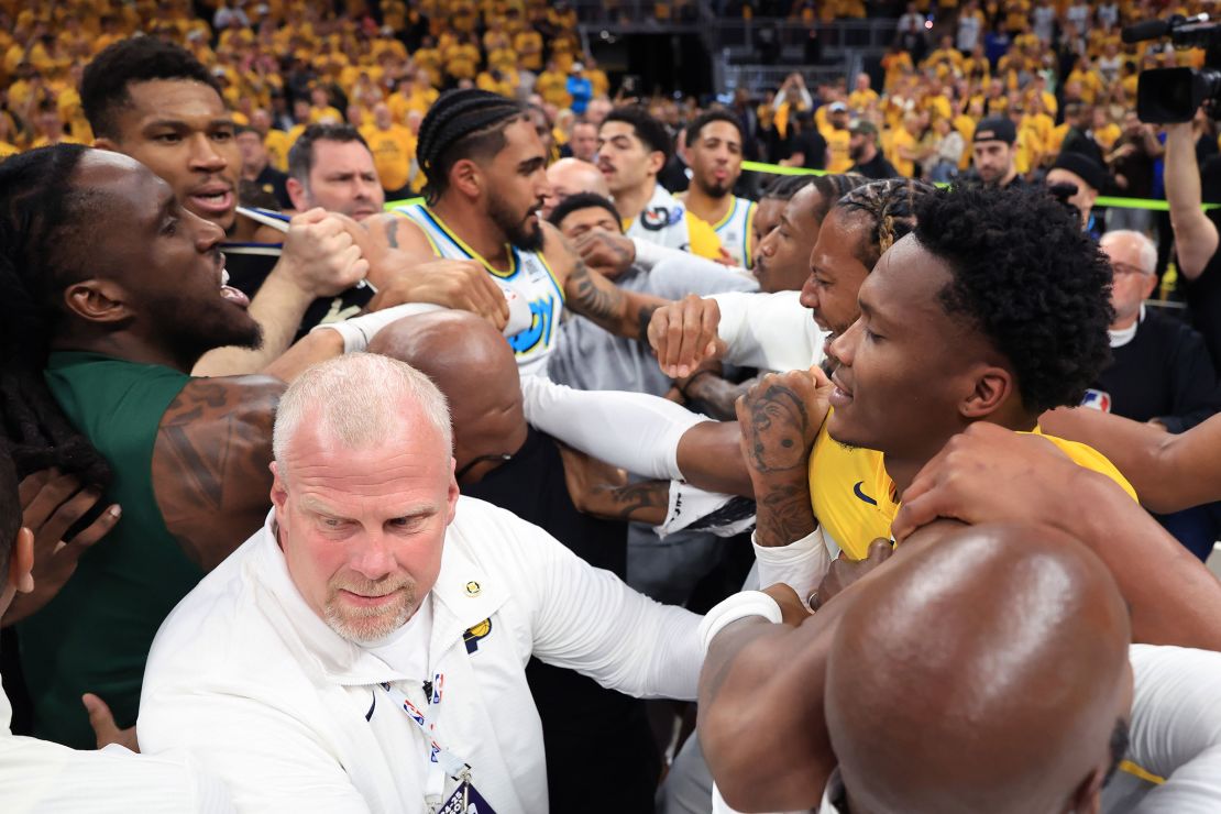 Giannis Antetokounmpo (left) clashed with Indiana Pacers guard Bennedict Mathurin (right) after Game 5 of their NBA playoff series.