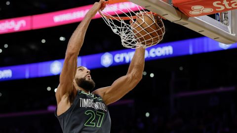 LOS ANGELES, CALIFORNIA - APRIL 30: Rudy Gobert #27 of the Minnesota Timberwolves dunks the ball against the Los Angeles Lakers during the fourth quarter in Game Five of the Western Conference First Round NBA Playoffs at Crypto.com Arena on April 30, 2025 in Los Angeles, California. NOTE TO USER: User expressly acknowledges and agrees that, by downloading and or using this photograph, User is consenting to the terms and conditions of the Getty Images License Agreement. (Photo by Harry How/Getty Images)