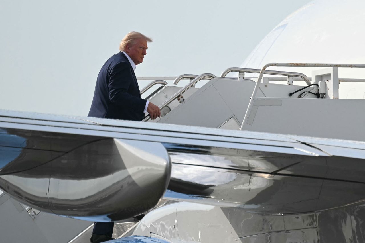 President Donald Trump boards Air Force One prior to departure from Palm Beach International Airport on May 4.