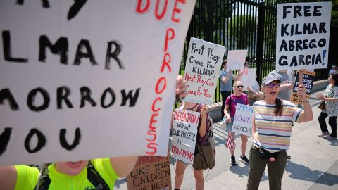 Demonstrators rally outside the White House to demand the return of Kilmar Armando Abrego Garcia to the United States and to mark the May Day holiday on May 1, 2025.