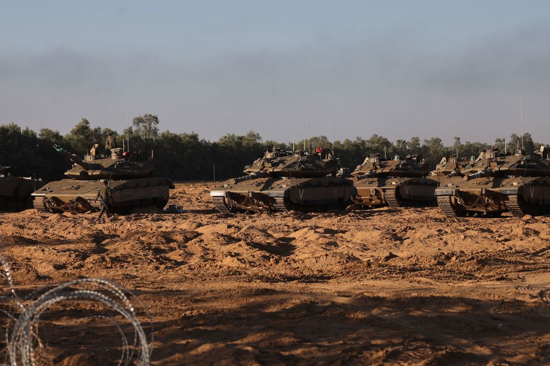 Israeli army tanks near the border with the Gaza Strip, on May 5, 2025.