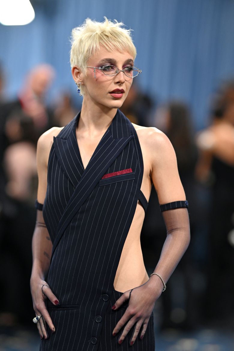 Social media personality Emma Chamberlain, seen at the 2025 Met Gala, has also experimented with makeup that makes the skin around her eyes appear bruised.