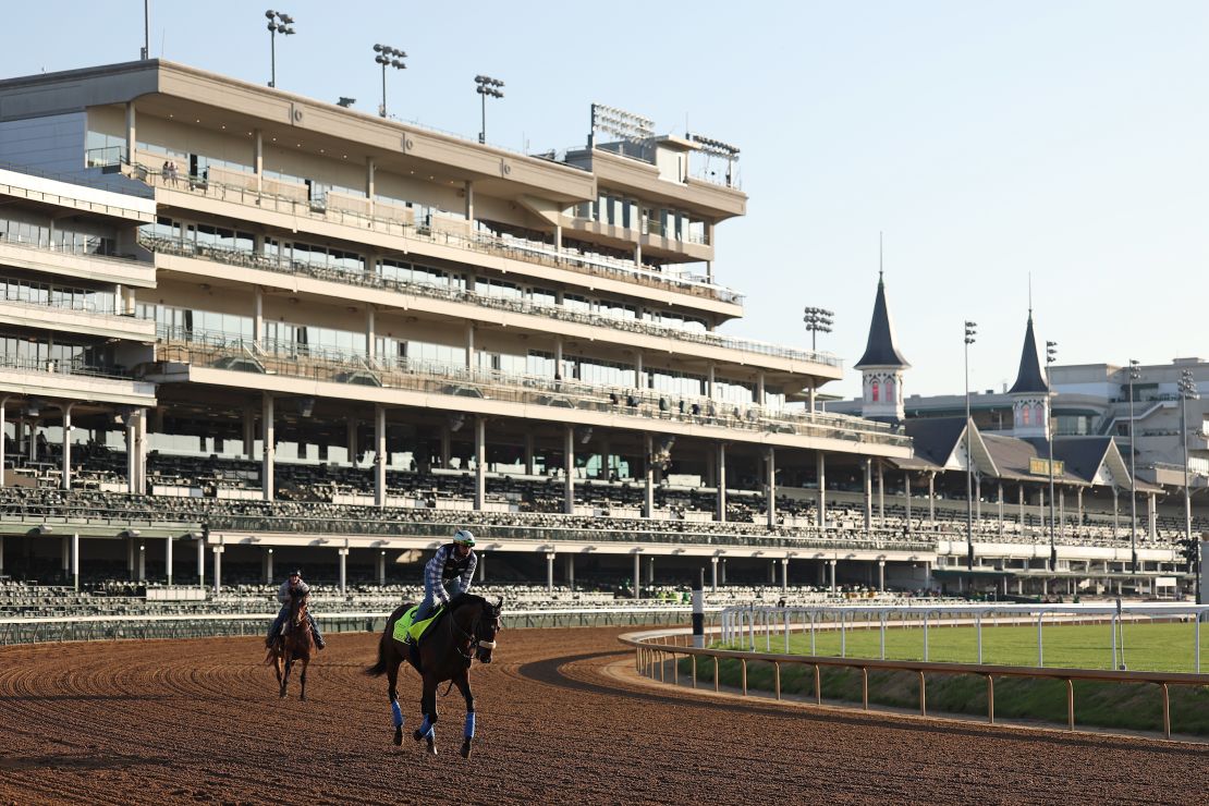 Baeza trains on the track during morning workouts prior to the 151st Kentucky Derby at Churchill Downs on Friday.