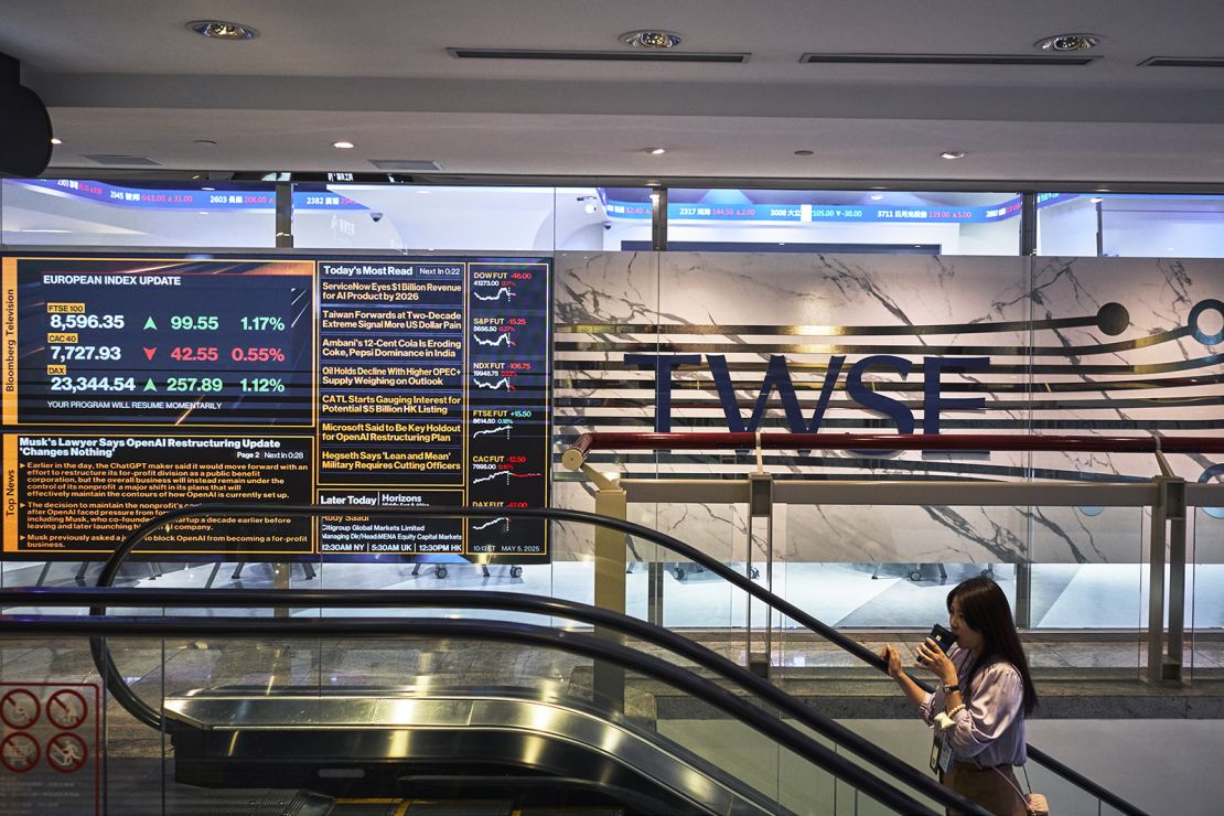 Stock market news displayed at the Taiwan Stock Exchange Corp. headquarters in Taipei, Taiwan, on Tuesday, May 6, 2025.