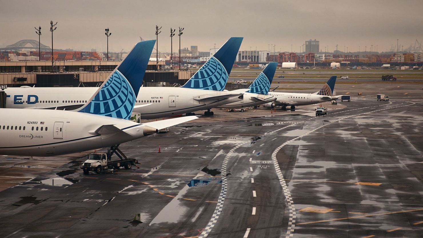 Planes are parked at Newark Liberty International Airport on Tuesday, as flight delays and cancellations continued at the airport.