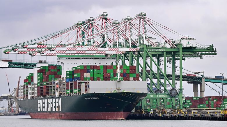 Evergreen shipping containers are pictured at the Port of Los Angeles, California in May 2025.