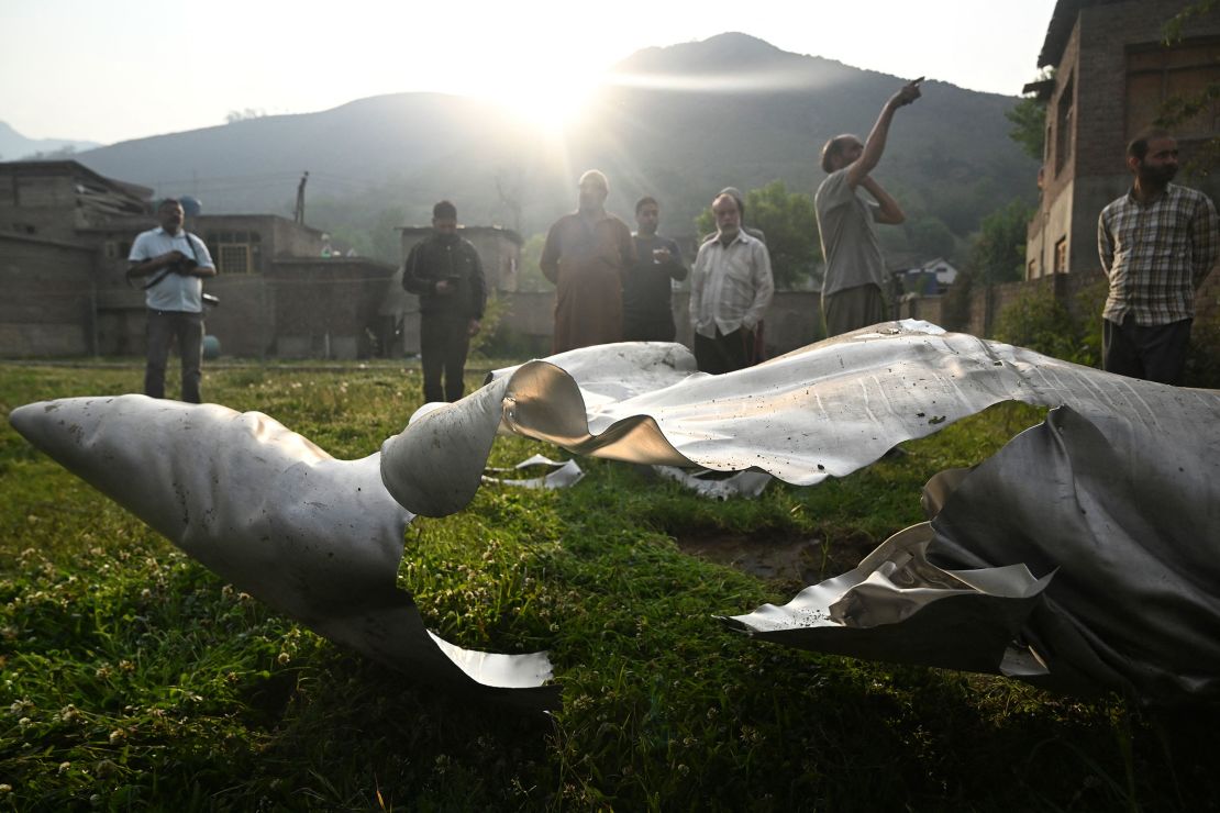 The wreckage of an aircraft is seen in Wuyan, a village in Indian-administered Kashmir, on May 7, 2025.