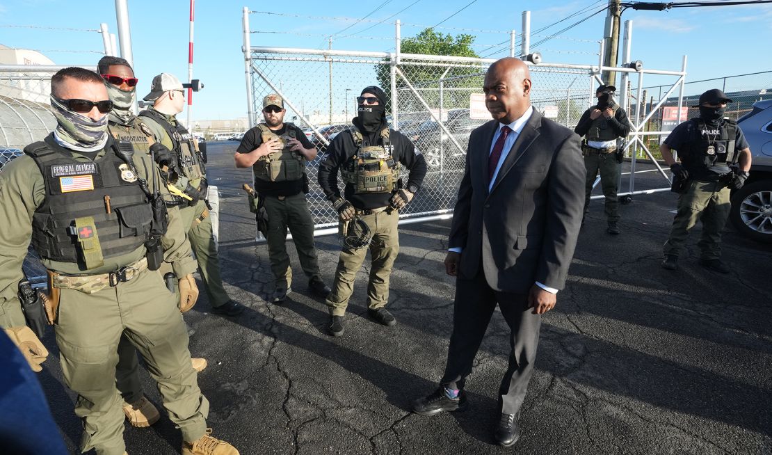 Mayor Ras Baraka of Newark confronts ICE agents at a demonstration outside an immigrant detention center in Elizabeth, New Jersey, on May 7, 2025.
