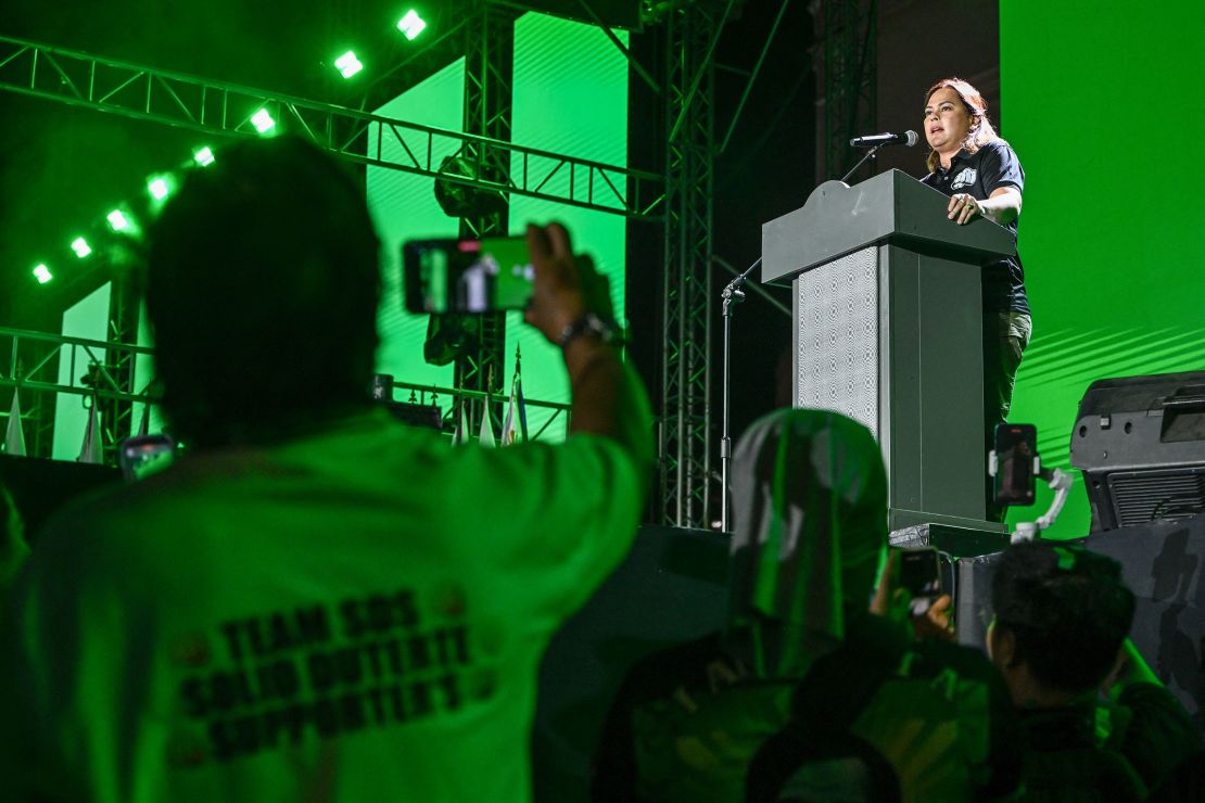 Philippine Vice President Sara Duterte gives a speech at the campaign rally of senatorial candidates under the party of her father and former president Rodrigo Duterte in Manila on May 8, 2025.