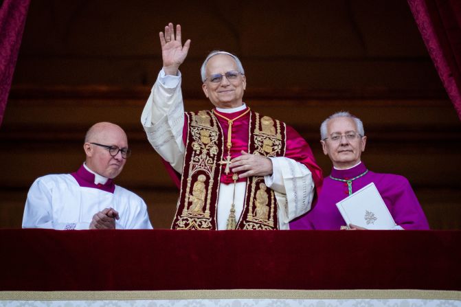 Leo makes his first appearance as pope on the balcony of St. Peter's Basilica in May 2025.