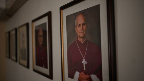 A portrait of Pope Leo XIV from when he was a Bishop is pictured at the bishop's palace in Chiclayo, northern Peru on May 9, 2025. US-born pontiff Leo XIV, close to Pope Francis, became a Peruvian national in 2015 and devoted more than 20 years as a missionary in the Andean country. (Photo by ERNESTO BENAVIDES / AFP) (Photo by ERNESTO BENAVIDES/AFP via Getty Images)          