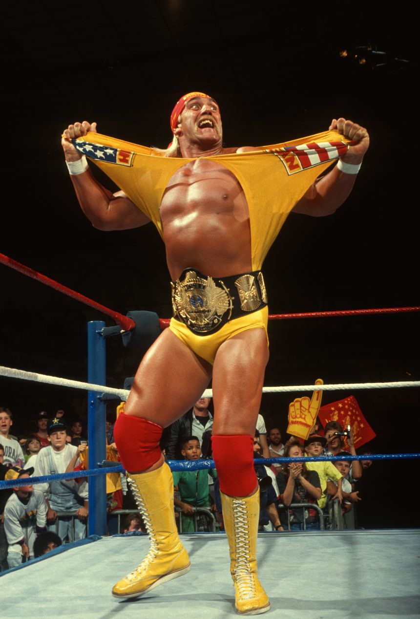 Hulk Hogan makes his entrance during a show in Fort Wayne, Indiana, in 1991.