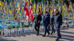 From left: Ukraine's President Volodymyr Zelensky, France's President Emmanuel Macron, Britain's Prime Minister Keir Starmer and Germany's Chancellor Friedrich Merz pay their respects to the victims of war at the Memorial for the Fallen at the Independence Square (Maidan) in Kyiv on May 10, 2025, ahead of a gathering of European leaders in the Ukranian capital.
