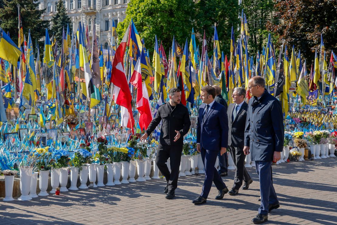 The leaders of Ukraine, France, the United Kingdom and Germany pay their respects to victims of war at the Memorial for the Fallen in Kyiv on May 10, 2025.