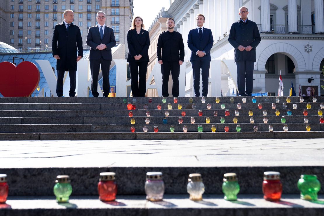 Poland's Prime Minister Donald Tusk, British Prime Minister Keir Starmer, Ukrainian President Volodymyr Zelensky and his wife Olena Zelenska, French President Emmanuel Macron and German Chancellor Friedrich Merz stand in Maidan Square in Kyiv.