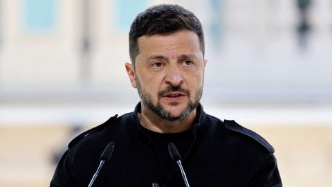 Ukranian President Voloydmyr Zelensky speaks during a press conference in the grounds of the Mariynsky Palace in Kyiv on May 10, 2025, following a meeting of European leaders in the Ukranian capital. The leaders of France, Britain, Germany and Poland agreed on May 10, 2025 to call on Russia to accept a 30-day unconditional ceasefire starting May 12, Kyiv said.