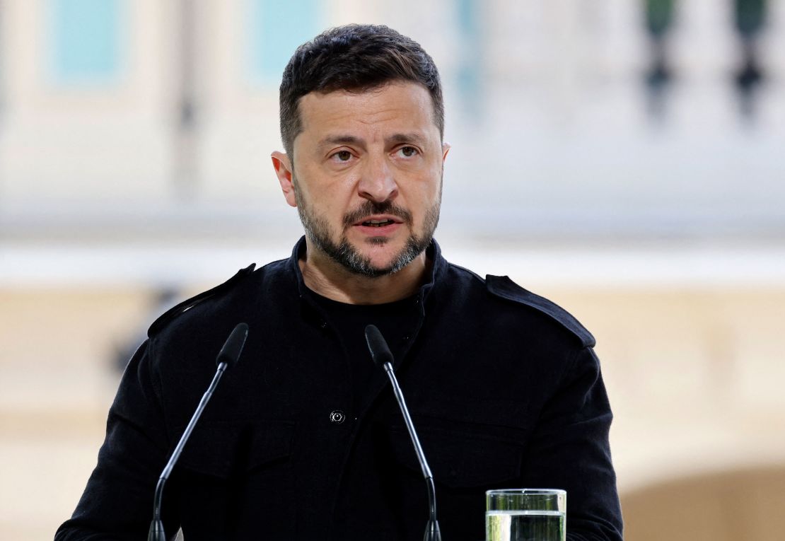 Ukranian President Voloydmyr Zelensky speaks during a press conference in the grounds of the Mariynsky Palace in Kyiv on May 10, 2025.