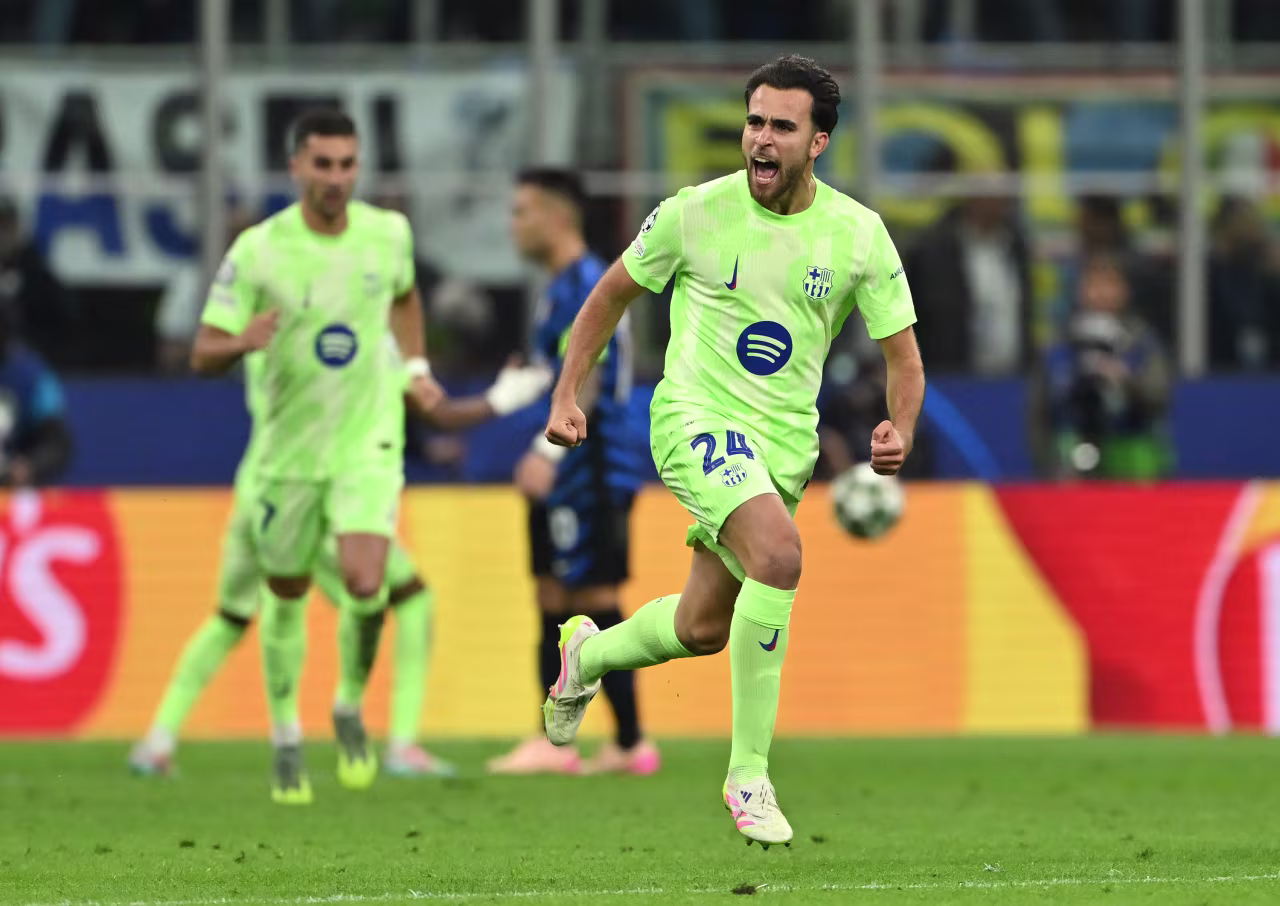 Barcelona's Eric García celebrates scoring his team's first goal.