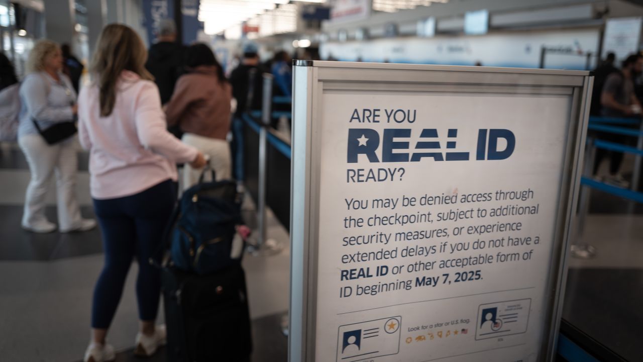 CHICAGO, ILLINOIS - MAY 07: A sign notifies engers at a security checkpoint about Real ID requirements for travel at O'Hare International Airport on May 07, 2025 in Chicago, Illinois. As of today, air travelers must have a Real ID or equivalent form of identification to  their identity before ing through airport security to avoid delays or the risk of being unable to fly. (Photo by Scott Olson/Getty Images)