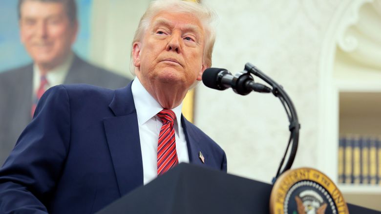 WASHINGTON, DC - MAY 07: U.S. President Donald Trump speaks during a swearing-in ceremony for new U.S. Ambassador to China David Perdue in the Oval Office at the White House on May 07, 2025 in Washington, DC. Perdue, a former Republican Senator and past critic of China and its ruling Communist Party, was confirmed by a vote of 67 to 29 amid a tense trade war between the two countries. (Photo by Anna Moneymaker/Getty Images)