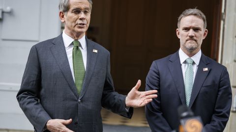US Treasury Secretary Scott Bessent (L) and US Trade Representative Jamieson Greer speak to the media after talks between seniors US and Chinese officials on tariffs at the residence of the permanent Swiss ambassador to the United Nations in Geneva on May 11, 2025. US officials voiced optimism on May 11, at the end of a weekend of trade talks with China aimed to de-escalate trade tensions sparked by President Donald Trump's aggressive tariff rollout. (Photo by VALENTIN FLAURAUD / AFP) (Photo by VALENTIN FLAURAUD/AFP via Getty Images)          