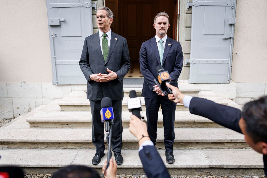 US Treasury Secretary Scott Bessent and US Trade Representative Jamieson Greer speak to the media after talks between US and Chinese officials on tariffs in Geneva, Switzerland, on May 11, 2025.