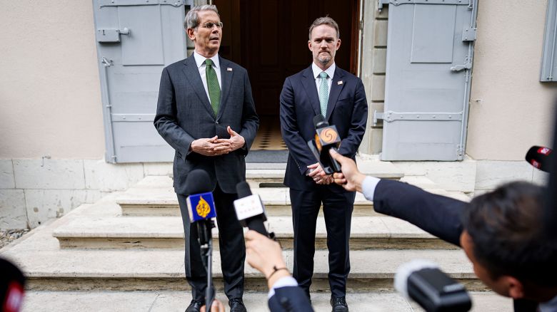 US Treasury Secretary Scott Bessent (L) and US Trade Representative Jamieson Greer speak to the media in Geneva.