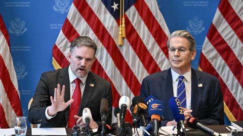 US Treasury Secretary Scott Bessent (R) and US Trade Representative Jamieson Greer hold a news conference in Geneva on May 12, 2025, to give details of "substantial progress" following a two-day closed-door meeting between US and China top officials aimed at ending a devastating tariff war. (Photo by Fabrice COFFRINI / AFP) (Photo by FABRICE COFFRINI/AFP via Getty Images)          