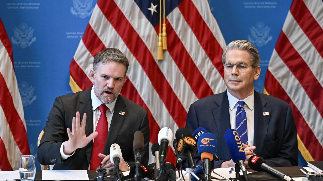 US Treasury Secretary Scott Bessent (R) and US Trade Representative Jamieson Greer hold a news conference in Geneva on May 12, 2025, to give details of "substantial progress" following a two-day closed-door meeting between US and China top officials aimed at ending a devastating tariff war. (Photo by Fabrice COFFRINI / AFP) (Photo by FABRICE COFFRINI/AFP via Getty Images)