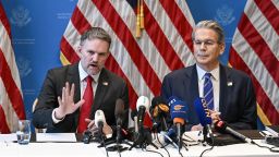 US Treasury Secretary Scott Bessent (R) and US Trade Representative Jamieson Greer hold a news conference in Geneva on May 12, 2025, to give details of "substantial progress" following a two-day closed-door meeting between US and China top officials aimed at ending a devastating tariff war. (Photo by Fabrice COFFRINI / AFP) (Photo by FABRICE COFFRINI/AFP via Getty Images)          