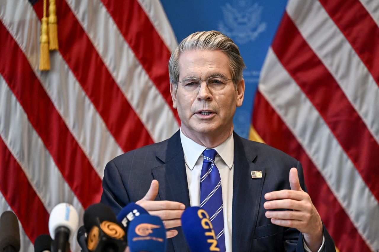Treasury Sec. Scott Bessent speaks during a news conference in Geneva on Monday.