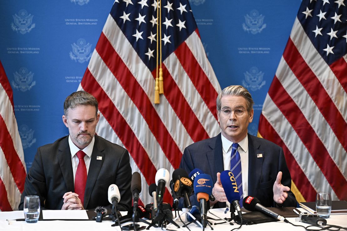 US Treasury Secretary Scott Bessent (R) and US Trade Representative Jamieson Greer hold a news conference in Geneva on May 12, 2025, to give details of