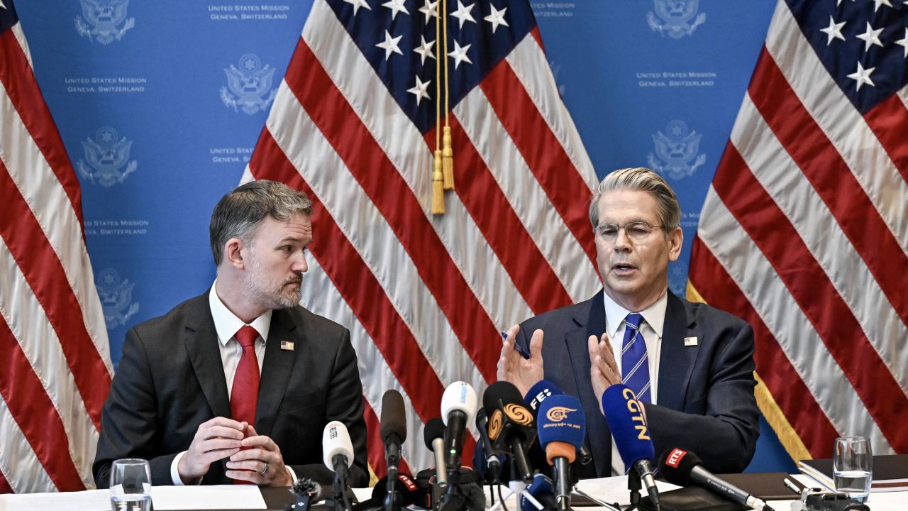 US Treasury Secretary Scott Bessent (R) and US Trade Representative Jamieson Greer hold a news conference in Geneve on May 12, 2025, to give details of "substantial progress" following a two-day closed-door meeting between US and China top officials aimed at ending a devastating tariff war. (Photo by Fabrice COFFRINI / AFP) (Photo by FABRICE COFFRINI/AFP via Getty Images)          