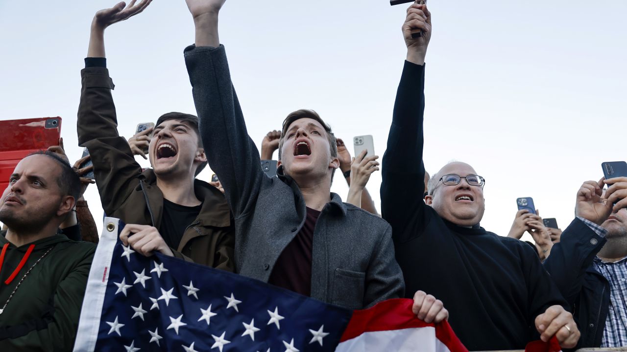 VATICAN CITY, VATICAN - MAY 08: Americans from Texas including Cole Wendling (C) celebrate after the newly elected Pontiff, Pope Leo XIV, was announced on May 08, 2025 in Vatican City, Vatican. White smoke was seen over the Vatican early this evening as the Conclave of Cardinals took just two days to elect Cardinal Robert Francis Prevost, who will be known as Pope Leo (Leone) XIV, as the 267th Supreme Pontiff after the death of Pope Francis on Easter Monday. (Photo by Mario Tama/Getty Images)