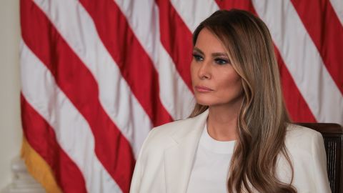 WASHINGTON, DC - MAY 08: U.S. first lady Melania Trump looks on during the unveiling of a U.S. Postal Service stamp honoring former first lady Barbara Bush in the East Room at the White House.