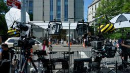 Media and television crews are set up outside federal court during the sex trafficking trial of Sean "Diddy" Combs in New York City on May 12.
