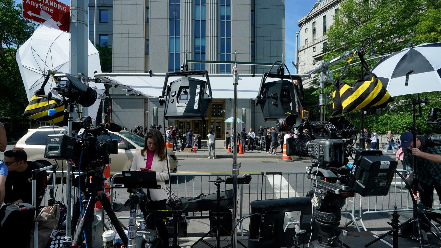 Media and television crews are set up outside federal court during the sex trafficking trial of Sean "Diddy" Combs in New York City on May 12.